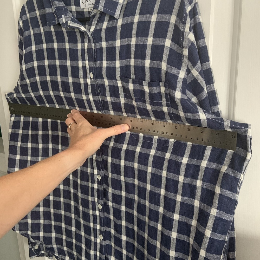 Linen Blue White Check Button up Shirt  Pkt Camixa by Celina Di Pisa Sz XXL - Picture 6 of 12